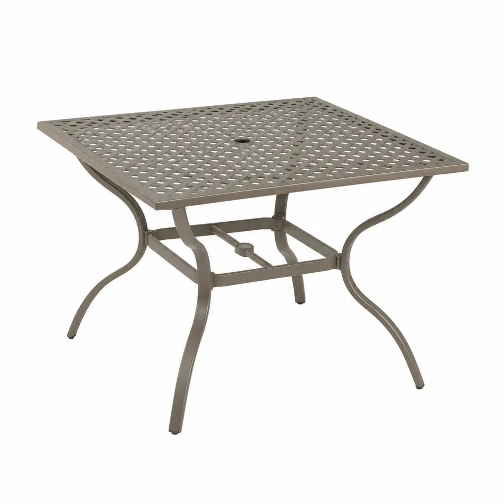 Table de jardin carrée 100 cm x 100 cm x 72 cm en aluminium moulé taupe avec plateau ajouré et trou pour parasol