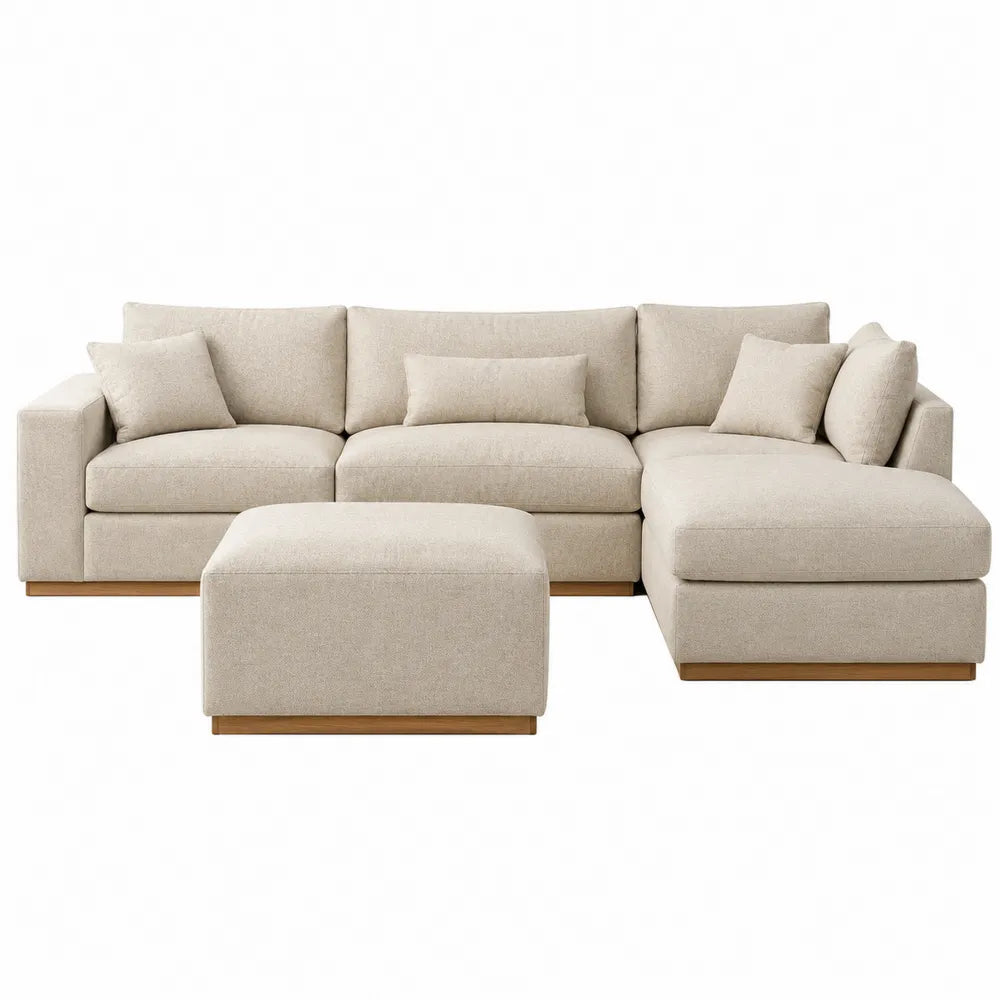 Canapé modulable d'angle en tissu beige avec méridienne et ottoman 280 x 190 x 85 cm structure bois pieds bois naturel