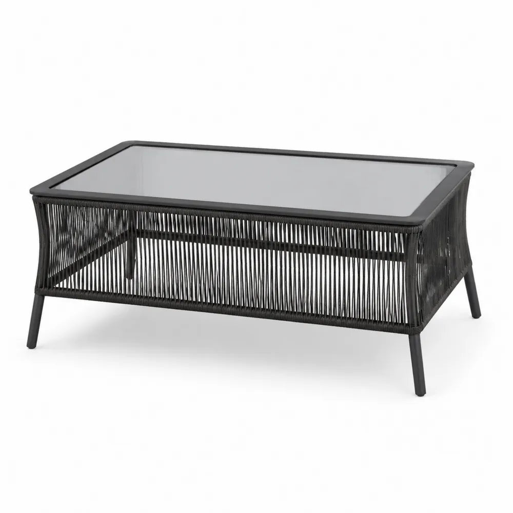 Table basse d’extérieur rectangulaire 110 cm x 60 cm x 45 cm verre trempé gris fumé cadre acier noir résine tressée