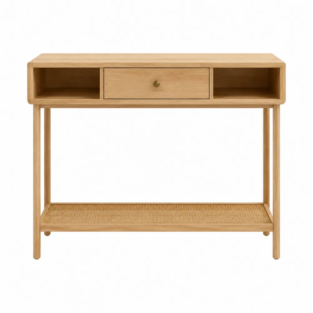Table console rectangulaire 100 cm x 35 cm x 80 cm MDF placage chêne clair tiroir niches ouvertes tablette en rotin naturel