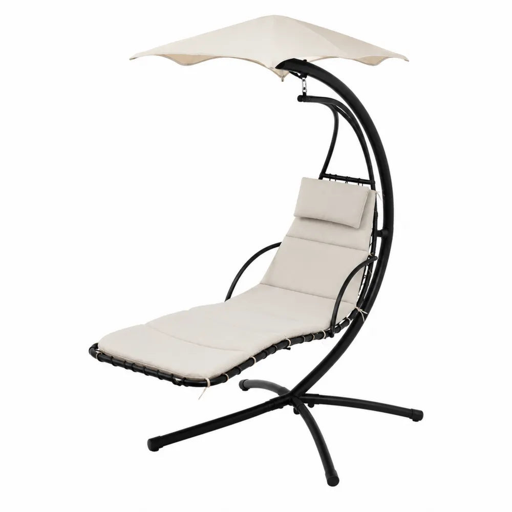 Chaise hamac suspendue de jardin avec auvent 195 cm x 115 cm x 200 cm acier noir coussins beige
