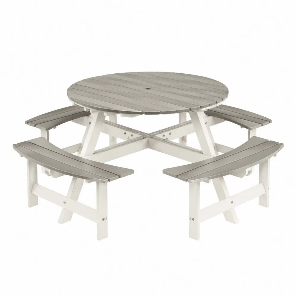 Table de pique-nique ronde de jardin 183 cm x 183 cm x 74 cm en polyéthylène haute densité gris et blanc avec bancs intégrés et trou pour parasol
