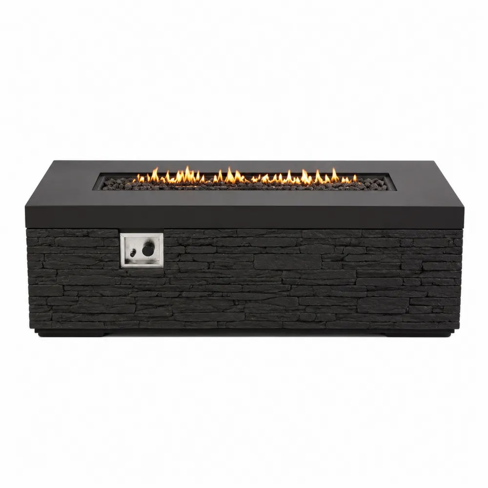 Table brasero extérieure rectangulaire 132 cm x 70 cm x 55 cm en acier noir avec habillage pierre noire et brûleur gaz