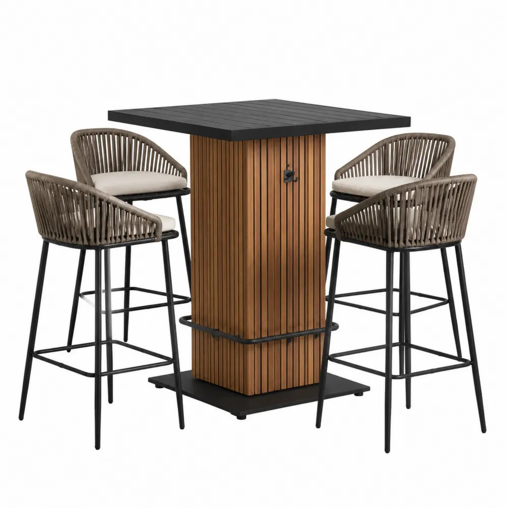 Salon de bar d'extérieur 5 pièces table carrée 90 cm L 90 cm P 105 cm H aluminium acacia massif corde tressée noir beige