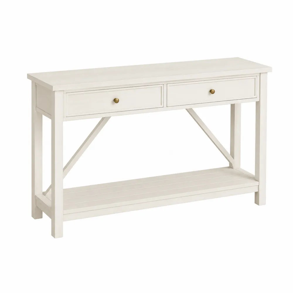 Table console rectangulaire 120 cm x 35 cm x 80 cm MDF peint blanc cassé 2 tiroirs poignées laiton vieilli étagère inférieure