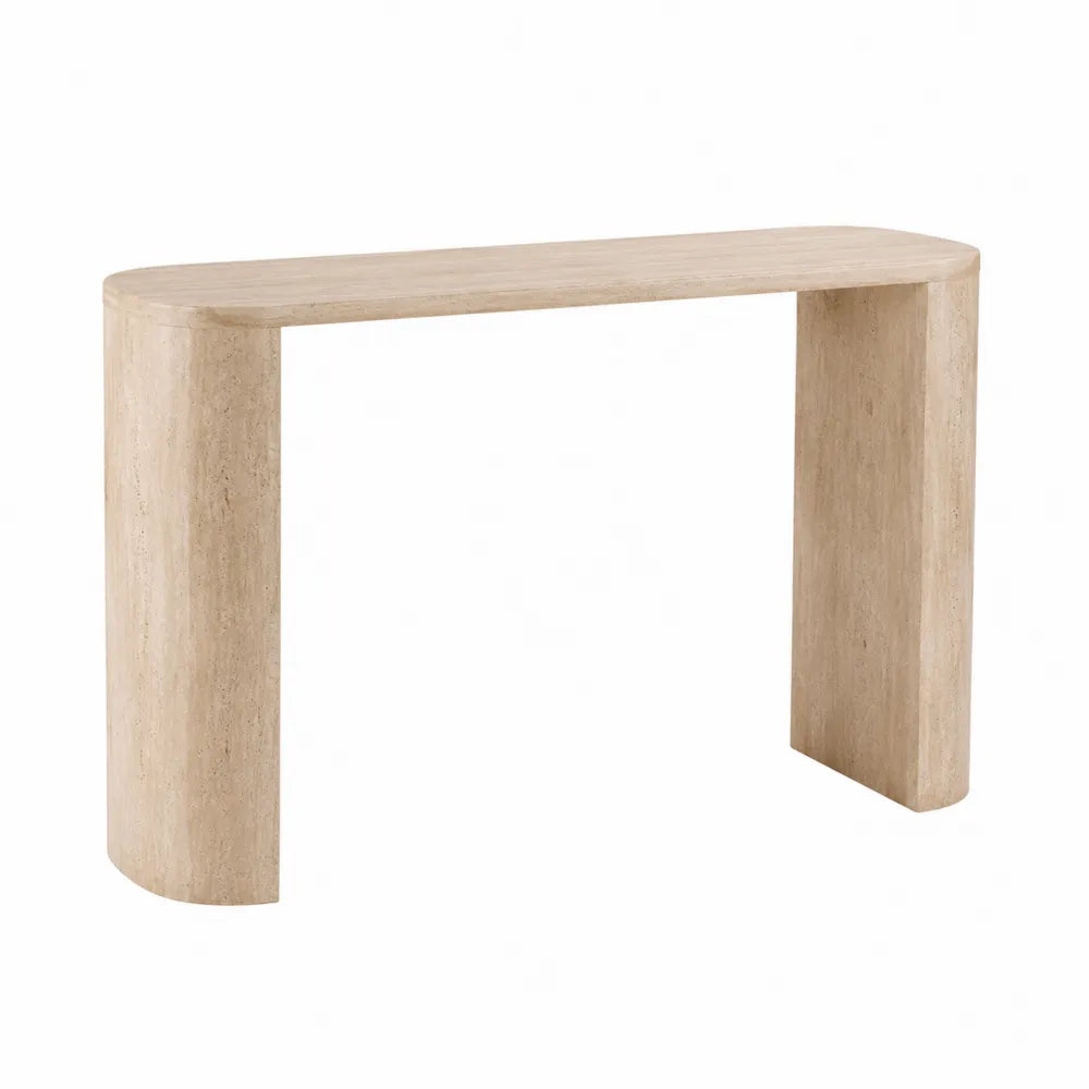 Table console rectangulaire 120 cm x 35 cm x 80 cm MDF décor travertin beige bords arrondis structure ouverte
