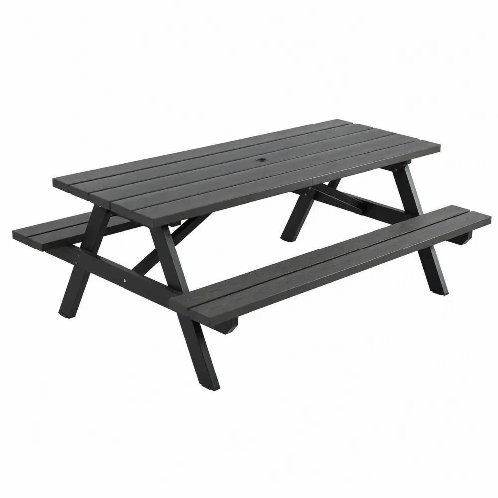 Table de pique-nique rectangulaire extérieure 180 cm x 150 cm x 75 cm en bois massif peint noir avec bancs intégrés et trou pour parasol