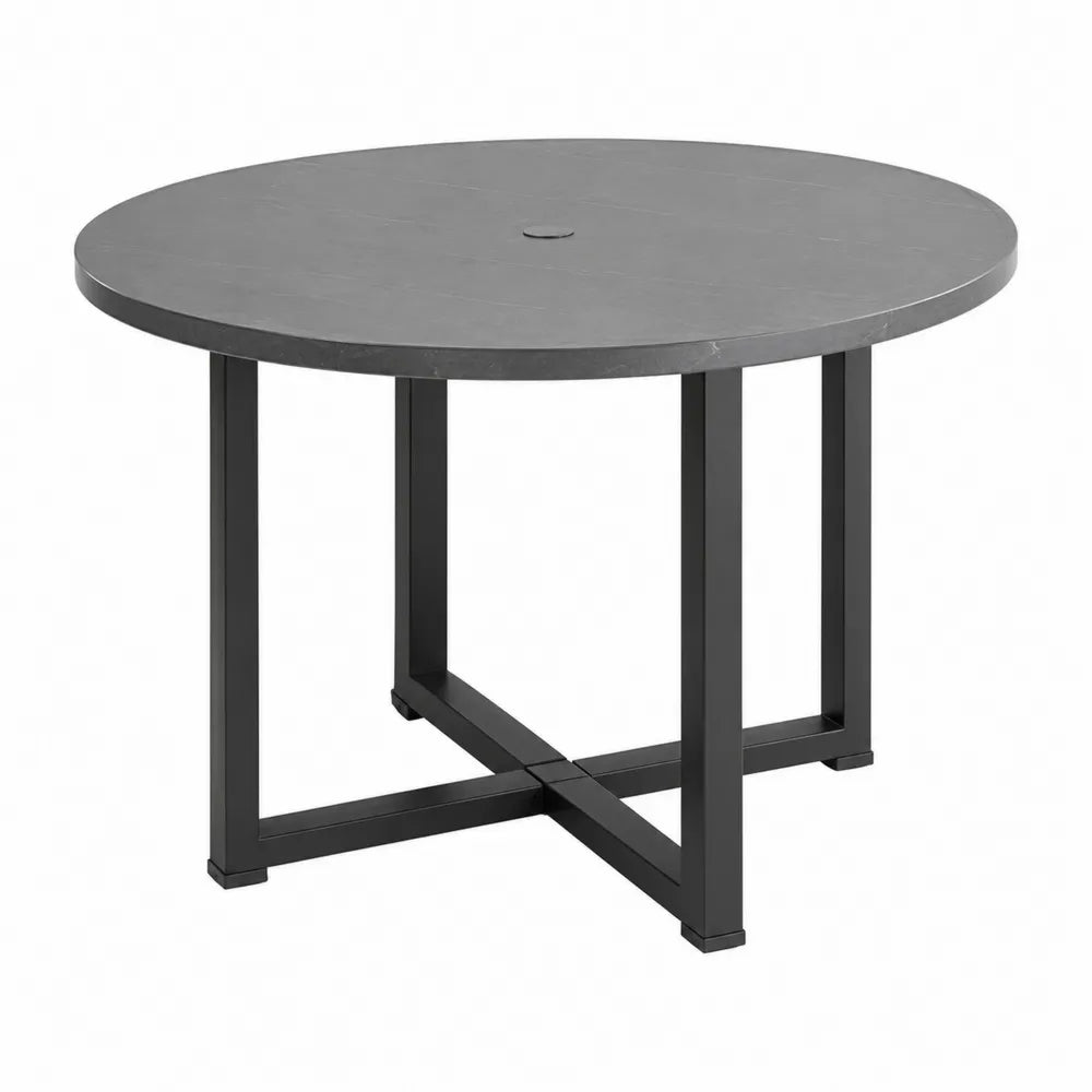 Table de jardin ronde Ø120 cm H75 cm plateau composite effet ardoise structure acier noir passage parasol