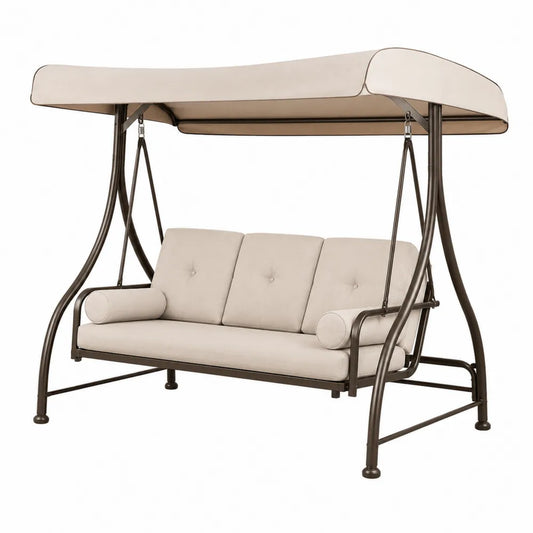 Balancelle de jardin 3 places 210 cm x 125 cm x 170 cm avec auvent structure acier polyester beige