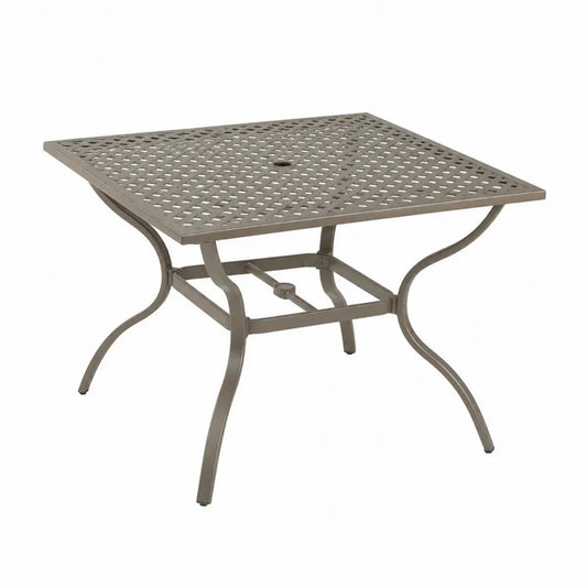 Table de jardin carrée 100 cm x 100 cm x 72 cm en aluminium moulé taupe avec plateau ajouré et trou pour parasol