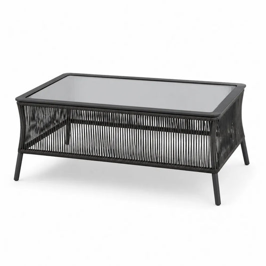 Table basse d’extérieur rectangulaire 110 cm x 60 cm x 45 cm verre trempé gris fumé cadre acier noir résine tressée