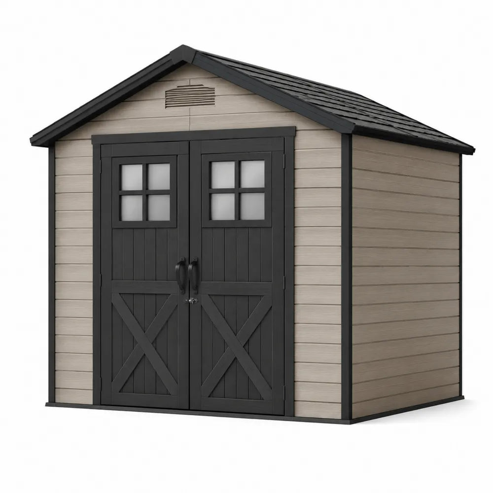 Abri de jardin 188 x 130 x 218 cm en polypropylène beige et anthracite avec double porte et fenêtres
