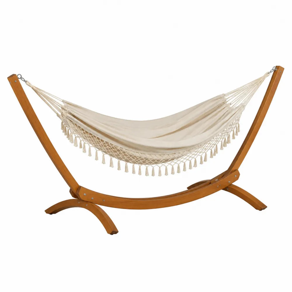 Hamac avec support 320 cm structure bois pin massif finition miel toile écrue avec franges