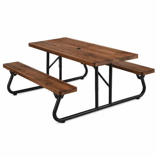 Table de pique-nique extérieure rectangulaire 180 cm x 150 cm x 75 cm bois massif brun structure acier noir avec bancs intégrés