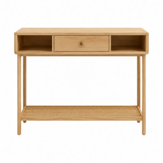 Table console rectangulaire 100 cm x 35 cm x 80 cm MDF placage chêne clair tiroir niches ouvertes tablette en rotin naturel