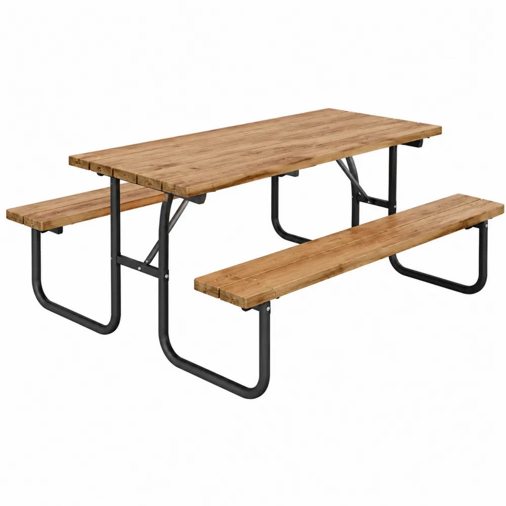 Table de pique-nique d’extérieur rectangulaire 180 x 150 x 75 cm bois naturel et acier noir avec bancs intégrés