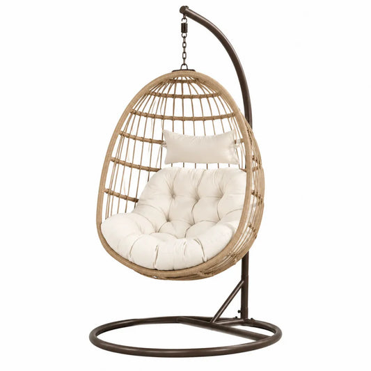 Fauteuil suspendu avec support 105 x 105 x 195 cm résine tressée beige coussins polyester écru structure acier brun foncé