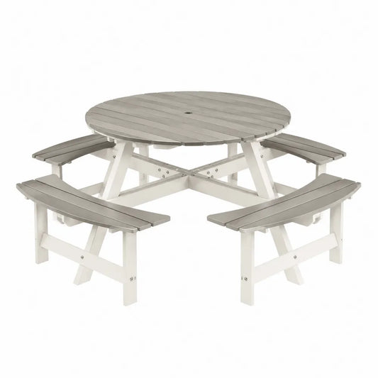 Table de pique-nique ronde de jardin 183 cm x 183 cm x 74 cm en polyéthylène haute densité gris et blanc avec bancs intégrés et trou pour parasol