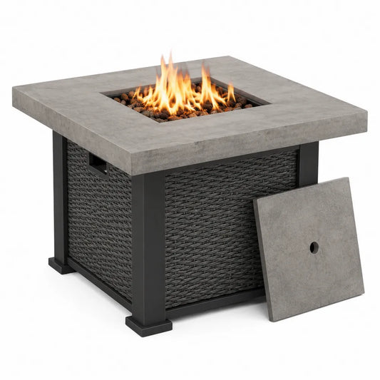 Table brasero d'extérieur 86 cm L 86 cm P 63 cm acier noir résine tressée gris plateau effet béton foyer gaz