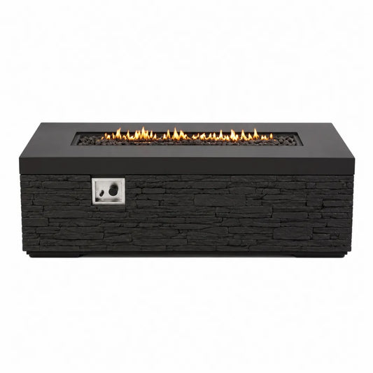 Table brasero extérieure rectangulaire 132 cm x 70 cm x 55 cm en acier noir avec habillage pierre noire et brûleur gaz