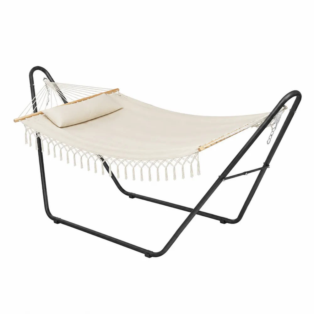 Hamac sur support 280 x 110 x 115 cm toile polyester écru structure acier noir barres en bois avec coussin