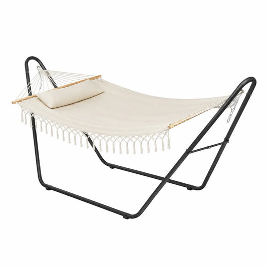 Hamac sur support 280 x 110 x 115 cm toile polyester écru structure acier noir barres en bois avec coussin