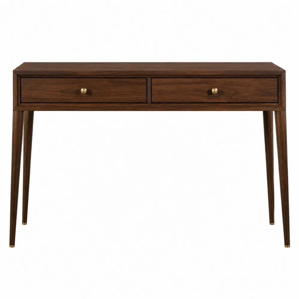 Table console 110 cm L 35 cm P 80 cm MDF placage noyer brun 2 tiroirs pieds coniques boutons laiton vieilli