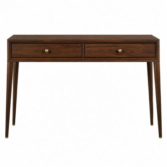 Table console 110 cm L 35 cm P 80 cm MDF placage noyer brun 2 tiroirs pieds coniques boutons laiton vieilli