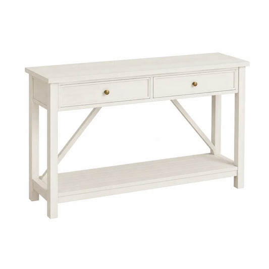 Table console rectangulaire 120 cm x 35 cm x 80 cm MDF peint blanc cassé 2 tiroirs poignées laiton vieilli étagère inférieure