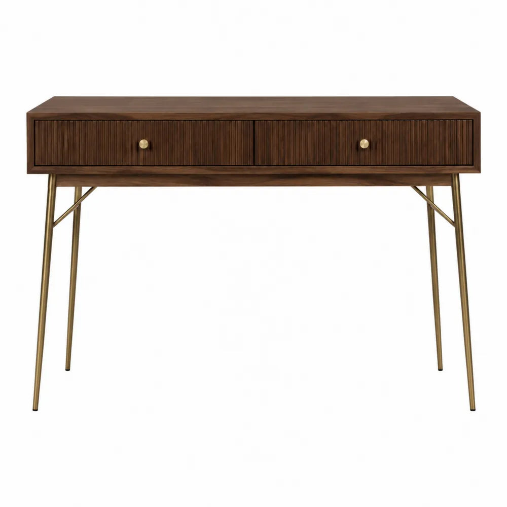 Console de rangement 120 x 40 x 80 cm décor bois noyer 2 tiroirs 2 portes façade cannelée pieds métal doré