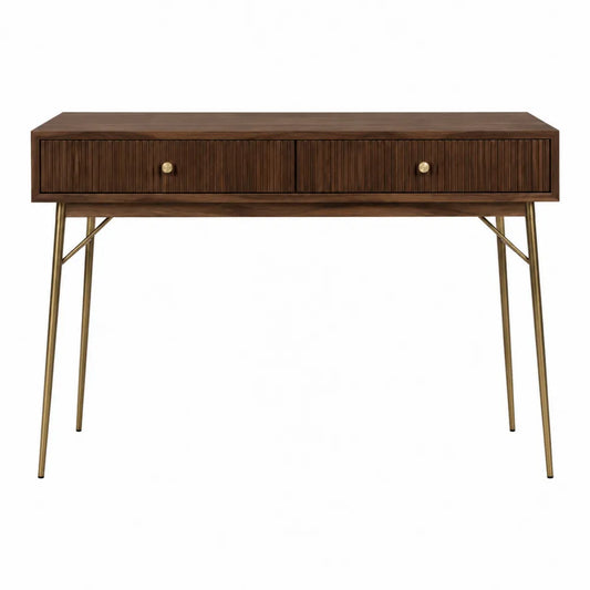 Console de rangement 120 x 40 x 80 cm décor bois noyer 2 tiroirs 2 portes façade cannelée pieds métal doré