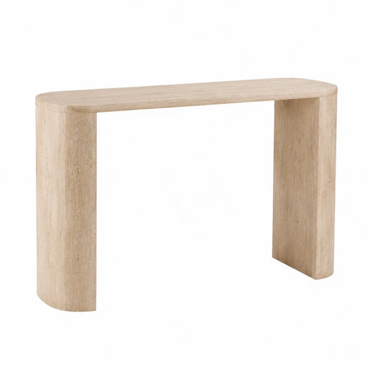 Table console rectangulaire 120 cm x 35 cm x 80 cm MDF décor travertin beige bords arrondis structure ouverte