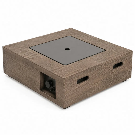 Table brasero extérieure carrée 86 cm x 86 cm x 32 cm en WPC chêne grisé avec brûleur gaz et couvercle acier noir