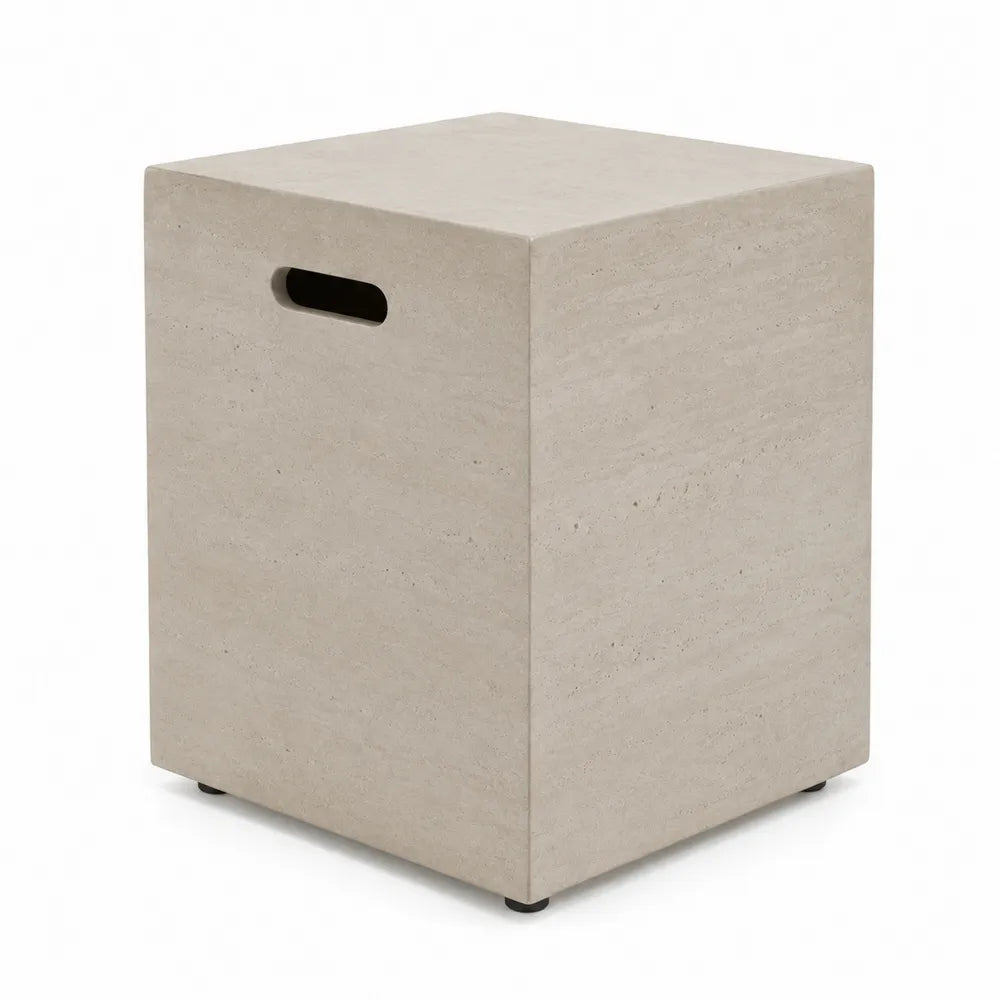 Table d'extérieur cubique 40 cm L 40 cm P 50 cm composite minéral effet travertin beige poignée intégrée patins noirs