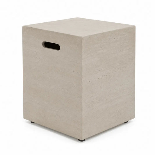Table d'extérieur cubique 40 cm L 40 cm P 50 cm composite minéral effet travertin beige poignée intégrée patins noirs