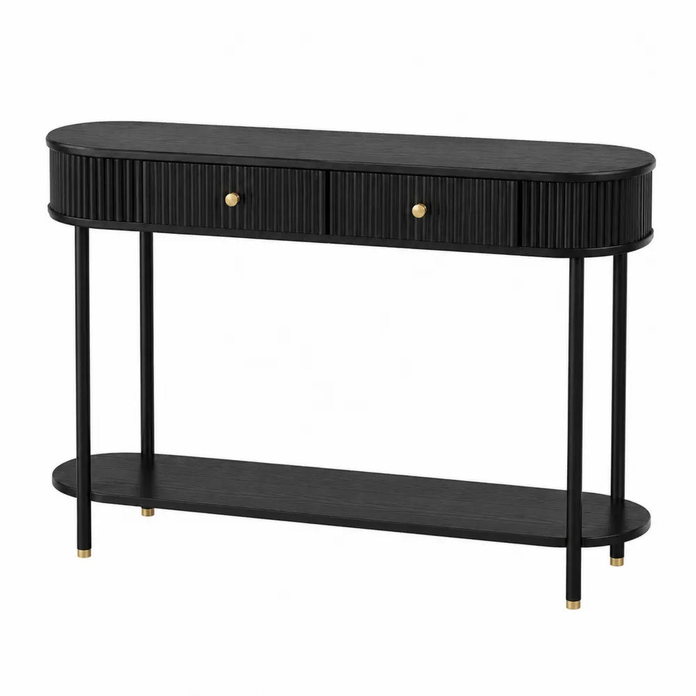 Table console rectangulaire 120 cm x 35 cm x 80 cm MDF noir rainuré 2 tiroirs poignées laiton étagère inférieure bois métal