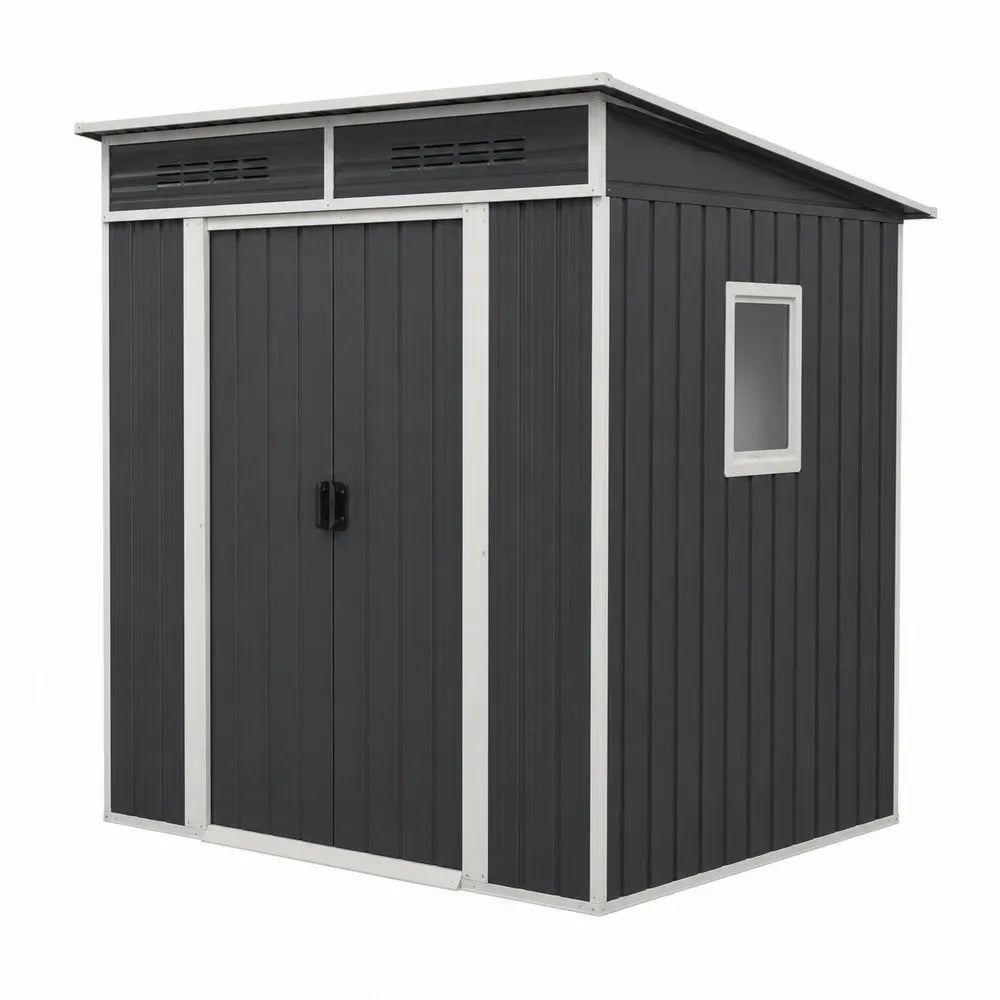 Abri de jardin en acier galvanisé anthracite avec portes coulissantes fenêtre et ventilation