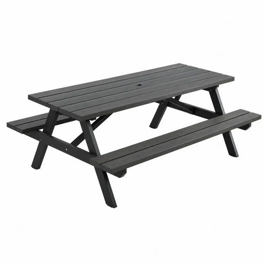 Table de pique-nique rectangulaire extérieure 180 cm x 150 cm x 75 cm en bois massif peint noir avec bancs intégrés et trou pour parasol