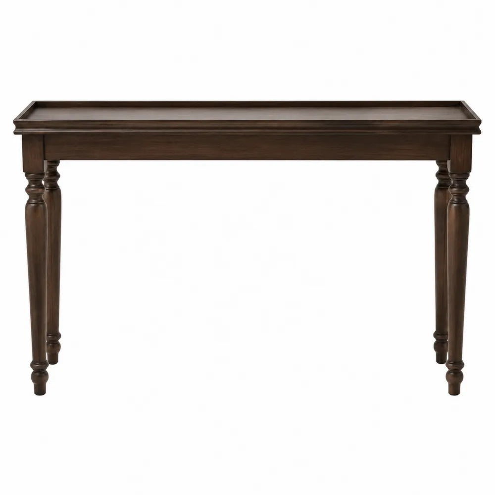 Table console rectangulaire 120 cm L 35 cm P 80 cm bois MDF placage noyer brun foncé pieds tournés bois massif plateau à rebord