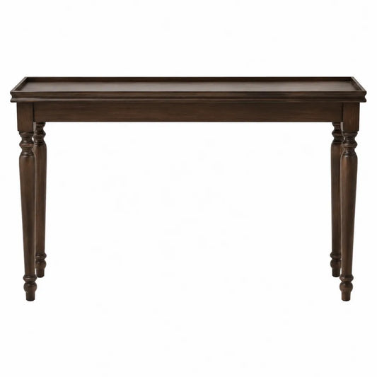 Table console rectangulaire 120 cm L 35 cm P 80 cm bois MDF placage noyer brun foncé pieds tournés bois massif plateau à rebord