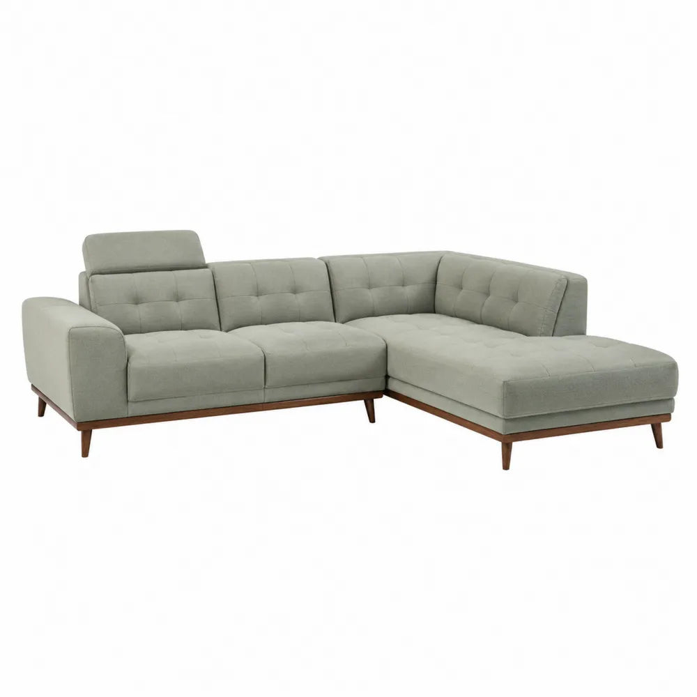 Canapé d’angle 4 places avec méridienne droite 295 x 170 x 85 cm tissu polyester vert sauge base bois naturel