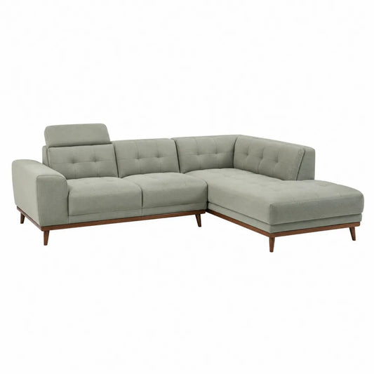 Canapé d’angle 4 places avec méridienne droite 295 x 170 x 85 cm tissu polyester vert sauge base bois naturel
